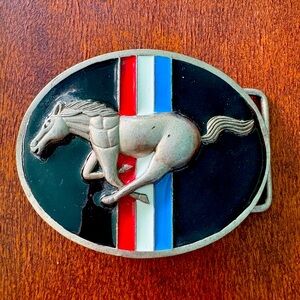 Vintage Ford Mustang Vintage Metal Belt Buckle red white and blue on black